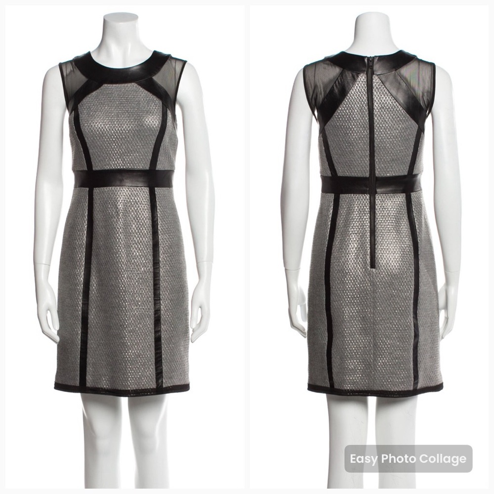 Milly Leather & Glitter Accents Sheath Mini Dress Grey & Black Size: 2 / XS